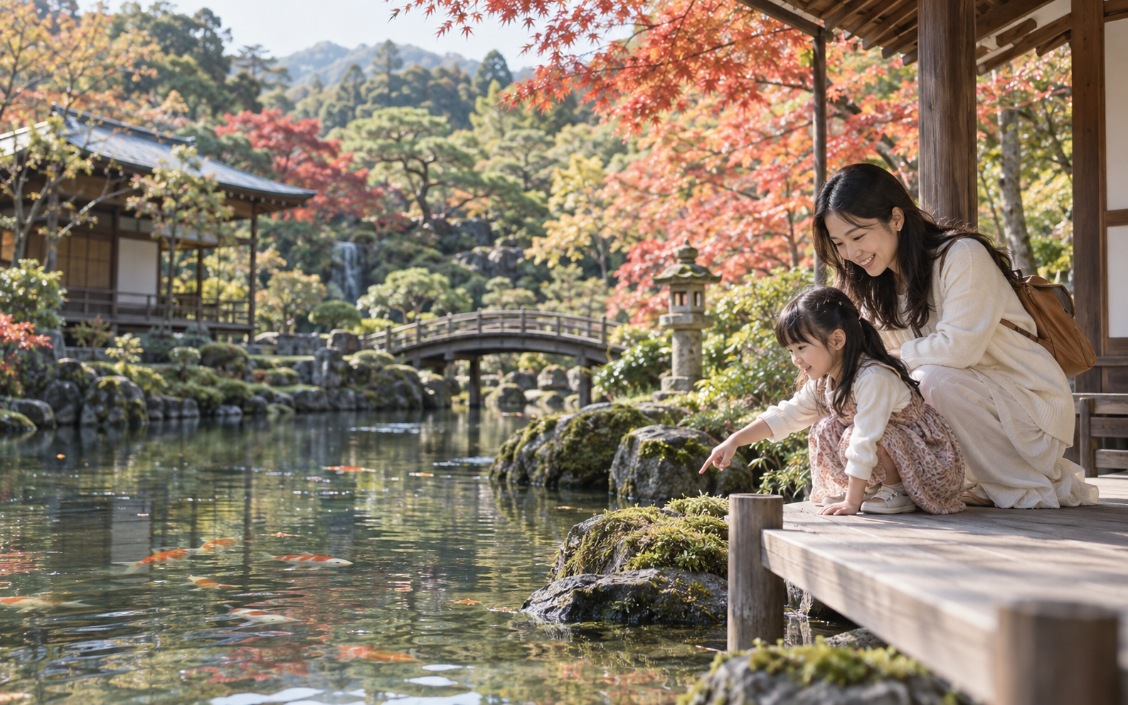 中国母女在日本庭院旅行